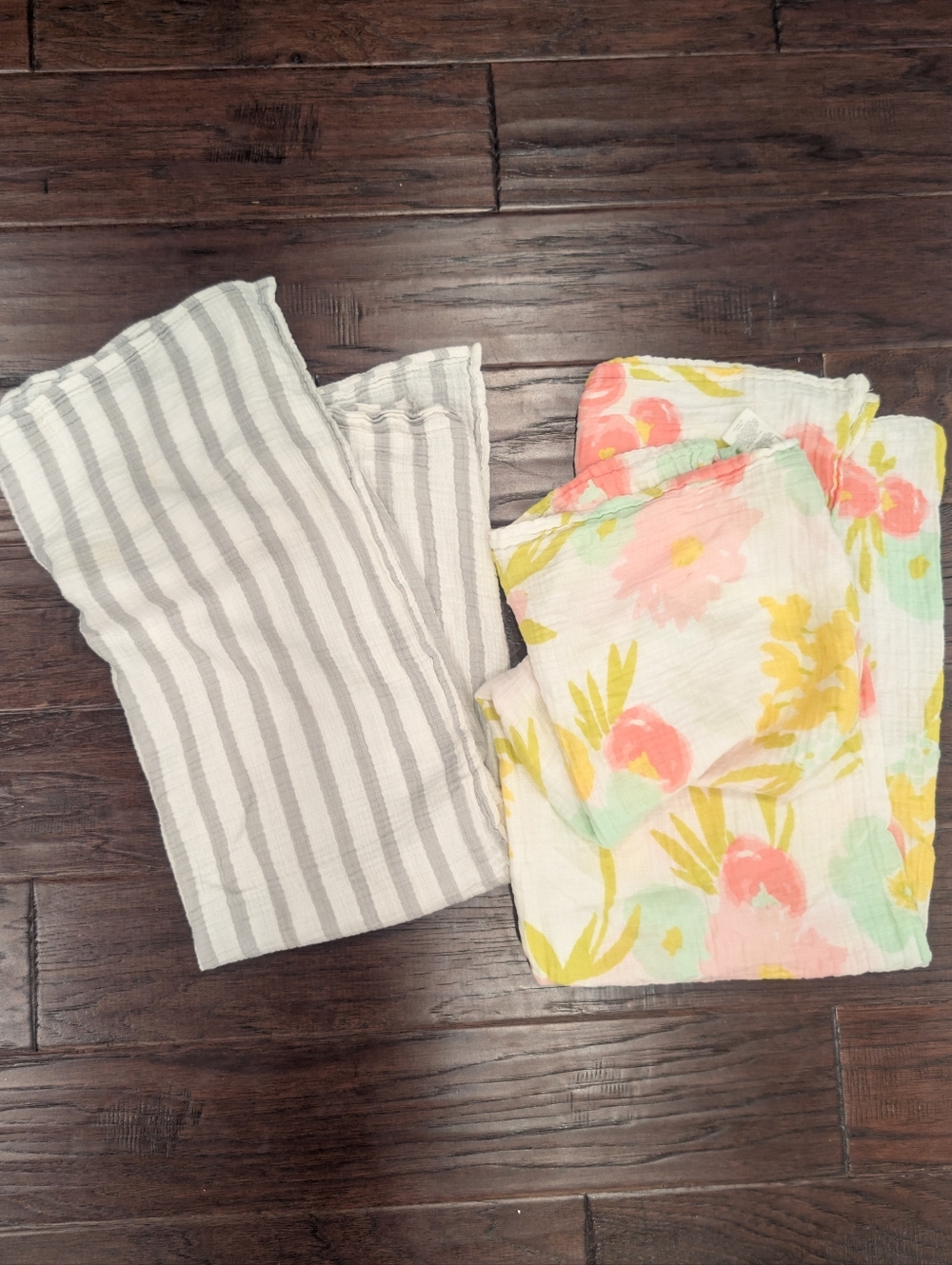 Gray Striped & Floral Pastel Muslin Swaddles Baby Blankets Lot Of 2